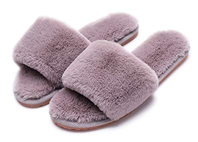 Women's Fuzzy Fluffy Furry Fur Slippers Flip Flop Open Toe Cozy House Sandals Slides Soft Flat Comfy Anti-Slip Spa Indoor Outdoor Slip on