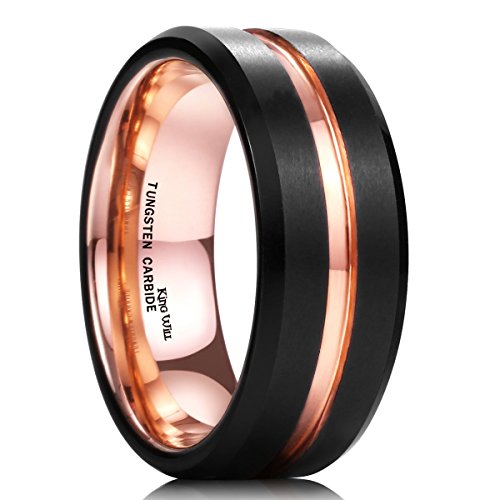 King Will Mens 8mm Black Matte Finish Tungsten Carbide Ring 18K Rose Gold Plated Beveled Edge Wedding Band