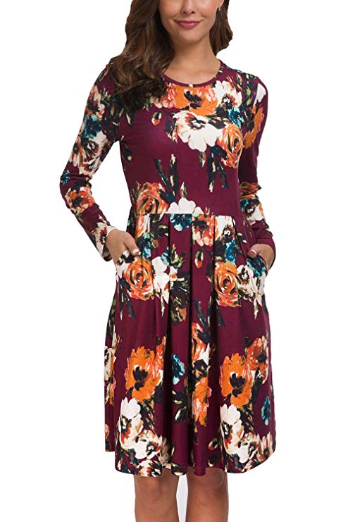 Kranda Women Long/Short Sleeves Round Neck Pleated/Ruffled Loose Swing Floral Midi Dress with(Without) Pockets