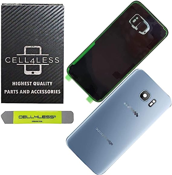 CELL4LESS Replacement Back Glass Cover Back Door w/Installed Camera Lens, Removal Tool & Pre-Installed Adhesive Compatible w/Samsung Galaxy S7 Edge- All Models G935-2 Logo Replacement (Blue)