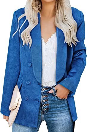 Asvivid Faux Suede Jackets for Women Long Sleeve Open Front Button Work Office Blazer Jackets with Pockets