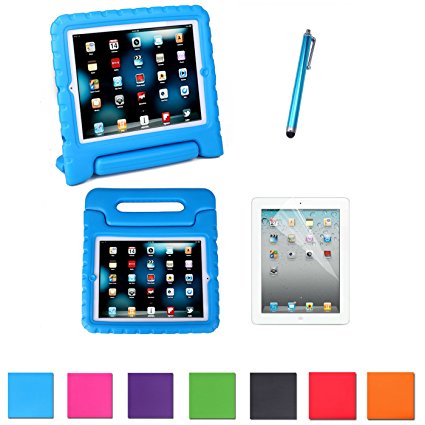 HDE iPad Mini Kids Shockproof Case Bundle Child Proof Safe Protection Cover Handle Stand for Apple iPad Mini 1 / 2 / 3 / Retina with Screen Protector   Matching Stylus (Blue)