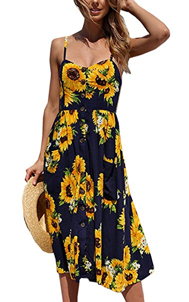 Angashion Women's Dresses-Summer Floral Bohemian Spaghetti Strap Button Down Swing Midi Dress With Pockets