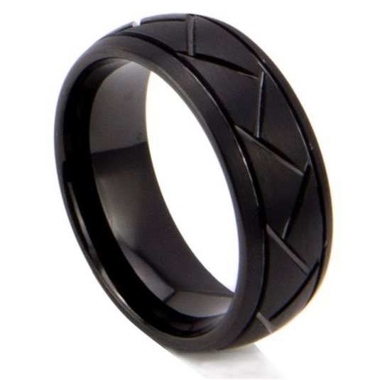 King Will Men's 8mm Black Domed Tungsten Carbide Ring Matte Finish Groove Design Wedding Bands