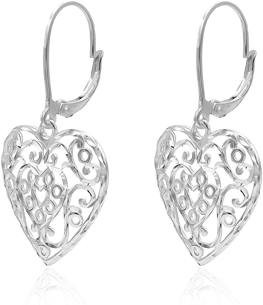 River Island Sterling Silver Diamond-Cut Filigree Heart Leverback Dangle Earrings