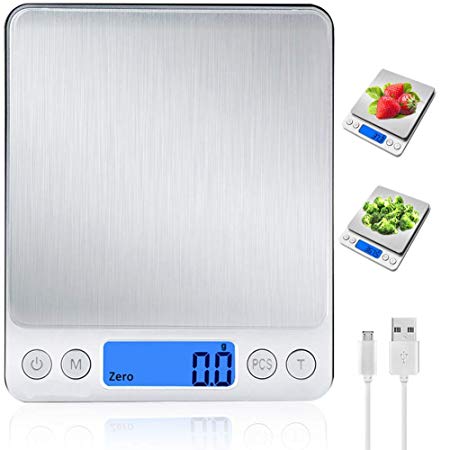 Digital Kitchen Scale Rechargeable Food Scale with Tare Function (0.1g/0.01oz Increment), Cooking Scale with Back-Lit LCD Display Portable Waterproof Food Measurement