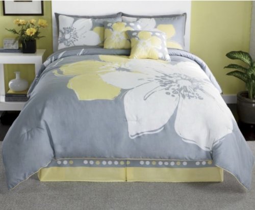 15 Pieces MARISOL Yellow Grey White Comforter Bed-in-a-bag Set QUEEN Size Bedding Sheets Pillows Curtains