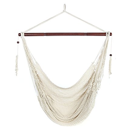 Arad Large White Hammock Chair - Hanging Swing Seat Cotton Rope Construction - Comfortable, Lightweight, Includes Wood Bar - Perfect for Yard, Patio or Beach