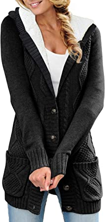 Sidefeel Women Hooded Fleece Lined Sweater Cardigan Button Down Front Winter Coat