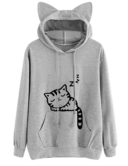 KEYEE Cute Cat Sweatshirt, Women Teen Girls Cotton Hoodie Sweater Pullover Tops with Pocket