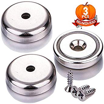 Extremely Strong Neodymium Cup Magnets - 90 lbs Holding Force - 1.26" Industrial Strength Round Base Rare Earth Magnets - Countersunk Hole for #10 Bolt, 3 Mounting Screws Included