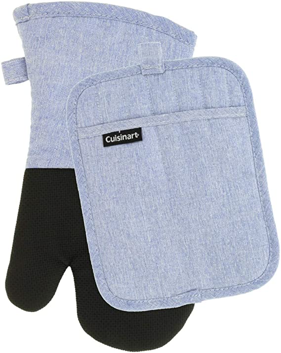 Cuisinart Chambray Neoprene Oven Mitt and Potholder Set, 2 Pack – Heat Resistant to 400 F – Handle Hot Items Safely – Non-Slip Grip Oven Mitt and Pot Holder with Hanging Loop – Light Blue