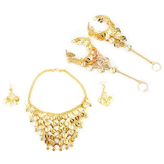 BellyLady Tribal Belly Dance Jewelry Set - Gold Necklace & Earrings & Bracelets