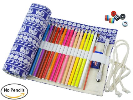 CreooGo Canvas Pencil Wrap, Pencils Roll Pouch Case Hold For 36 Colored Pencils ( Pencils are not included )-Retro elephant,36 Holes