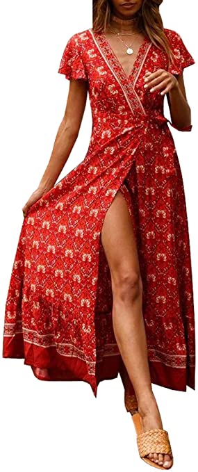 R.Vivimos Women's Summer Short Sleeve Floral Print Bohemian Beach Waist Tie Wrap Long Flowy Dress with Slit