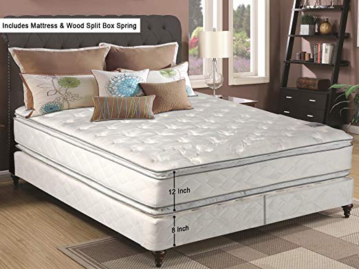 Continental Sleep, 12-Inch medium plush Double sided Pillowtop Innerspring Mattress And Wood Traditional Box Spring/Foundation Set, Good For The Back, No Assembly Required, King Size 79" x 78"