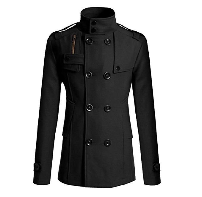 KLJR Men's Premium Double Breasted Solid Slim Fit Lapel Pea Coat Overcoat