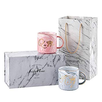Valentine's Day Gifts - Luspan King and Queen Couples Coffee Mugs set - Engagement Wedding Bridal Shower Gifts Ceramic Marble Tumbler 13 oz- Packaged with Marble Gift Box and Marble Gift Bag