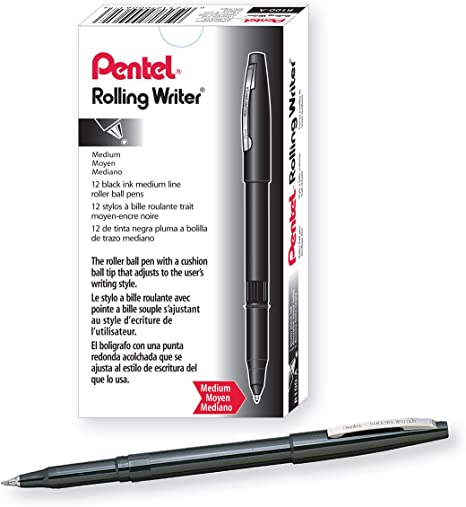 Pentel Rolling Writer Pen, 0.8 Millimeter Cushion Ball Tip, Black Ink,  12 pens (R100-A)