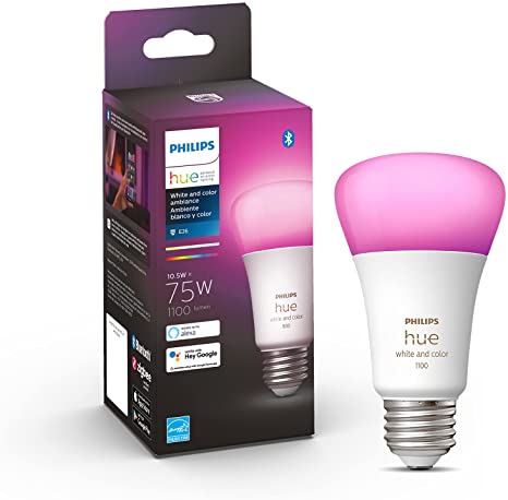 Philips Hue White and Color A19 Medium Lumen Smart Bulb, 1100 Lumens, Bluetooth & Zigbee Compatible (Hue Hub Optional), Compatible with Alexa & Google Assistant