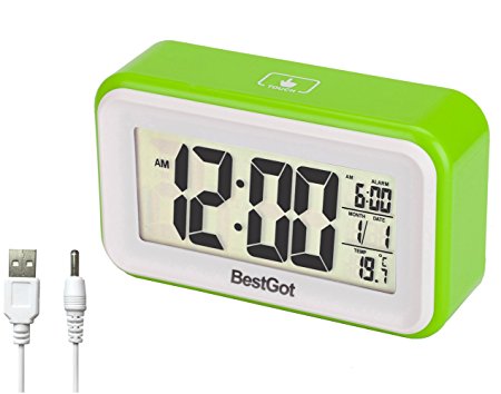 Alarm clock, BestGot 6" Alarm Clock Desktop Clock, Date and Temperature Light-activated Sensor Light Touch-activated,Batteries/DC Charger,Alarm for daily/workdays (white Backlight)(Green/White)