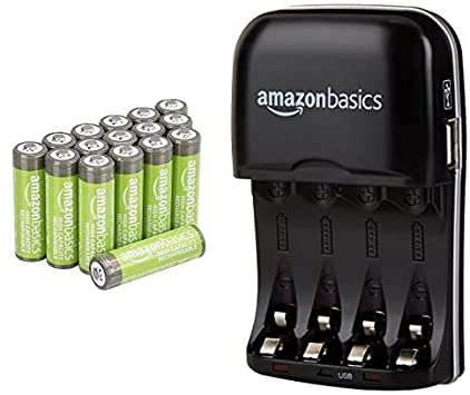 AmazonBasics AA High-Capacity Rechargeable Batteries (16-Pack) and Ni-MH AA & AAA Battery Charger with USB Port Set