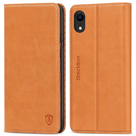 iPhone XR Case, SHIELDON Genuine Leather iPhone XR Wallet Case RFID Blocking Credit Card Slot Flip Magnetic Stand Full Protection Case Compatible with iPhone XR (2018) - Brown