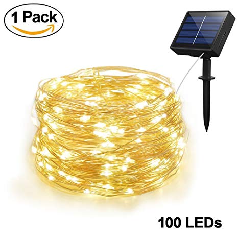 Adecorty Solar String Lights, Outdoor Solar Fairy String Lights with 100 LEDs 33ft Silver Copper Wire 8 Modes Waterproof for Outdoor Home Party Wedding Patio Landscape Trees Decor (Warm White)
