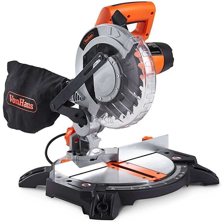 VonHaus 1400W Mitre Saw 210mm Blade With 15°, 22.5°, 30° and 45° Key Bevel Angles,  45° / -45° Versatility – Dust Bag Included