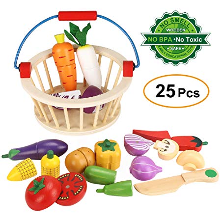 Ylovetoys Play Food Cutting Vegetables Play Food Set Wooden Magnetic Pretend Play Food Sets Kitchen Toys with Basket for Kids Children Toddler(Vegetables)
