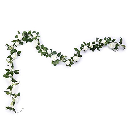 Aurdo Artificial Rose Vine Flowers with Green Leaves 7.5ft Fake Silk Rose Hanging Vine Flowers Garland Ivy Plants for Home Wedding Party Garden Wall Decoration (White)