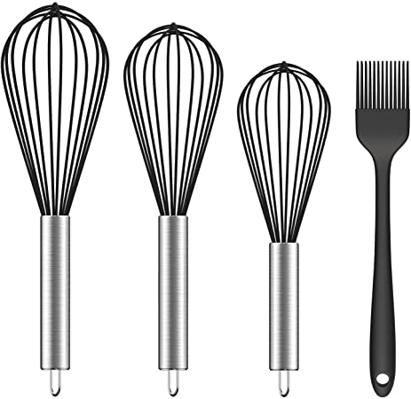 Ouddy 4 Pack (Upgraded) Silicone Whisk Set, 8" 10" 12" Wisks for Cooking Heat Resistant Kitchen Whisks for Cooking, Blending, Whisking, Beating, Stirring and Baking with Silicone Brush