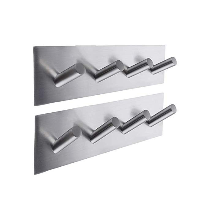 Kes Self Adhesive Hooks Rail Rack Sticky Stick On Coat and Robe Key Hook SUS 304 Stainless Steel Brushed Finish 4-Hook 2-Piece, A7063H4-P2