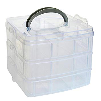 MINGHU 3-Tier Transparent Stackable Adjustable Compartment Slot Plastic Craft Storage Box Organizer Snap-lock Tray Container 3 Sizes 4 Candy Colors Available (Medium 18 Compartment, White)
