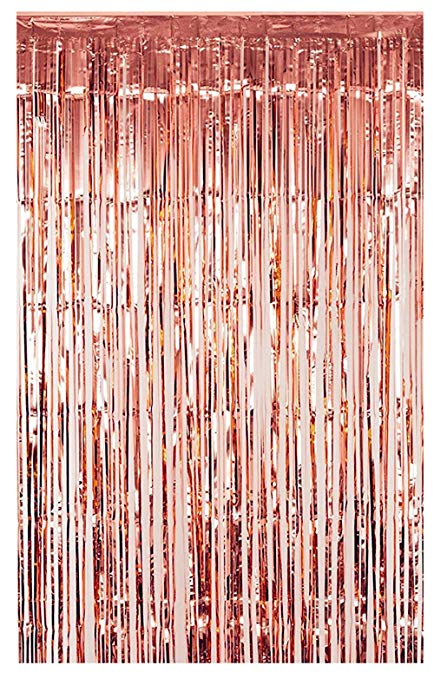 FECEDY 3ft x 8.3ft Rose Gold Metallic Tinsel Foil Fringe Curtains for Party Decorations (1 Pack)