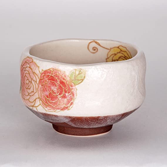 Authentic Japanese Traditional Tea Ceremony Ippuku 3.75" Diameter Mini Matcha Bowl Chawan Mino Tea Cup Textured Glaze Floral Design Handcrafted in Japan (Rose)