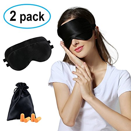 2 Pack Sleep Mask/ Eye Mask, Befen Pure Natural Silk Blindfold Sleep Mask, Super Soft Comfortable Breathable Eye Mask With Satin Carry Pouch, Ear Plugs And Adjustable Strap-Black