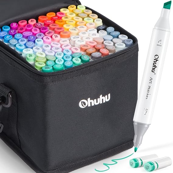 Ohuhu 100 Colors Alcohol Art Markers, Double Tipped Coloring Marker Set, Comes with 1 Colorless Blender, Fine and Chisel Alcohol-based Drawing Markers for Kids Sketching (Black)