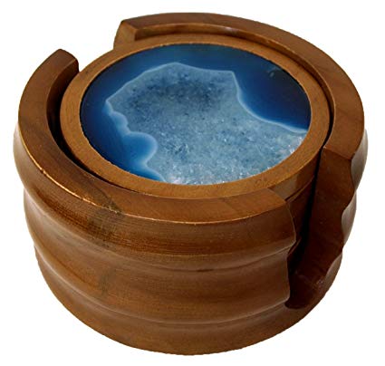 Agate Drink Coaster Set of 6 with Wooden Base - (Blue)