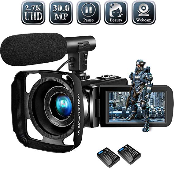 Video Camera Camcorder,Vlogging Camera for Youtube 2.7K Full HD 30MP 18X Digital Video Camcorder with Microphone, Lens Hood,2 Batteries
