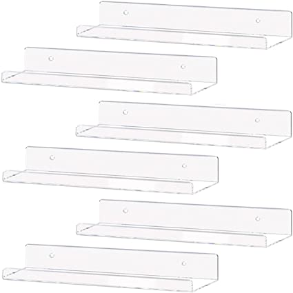 Weiai Invisible Bookshelf 15" Clear Acrylic Floating Wall Ledge Shelf, Kids Book Shelves Wall Mounted, Bathroom Organizer Display Shelves, Hanging Spice Rack (15 Inch 6Pack)