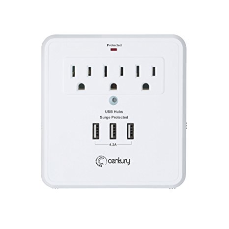Century 3-Outlet Wall Mount Surge Protector Adapter with 3 USB Charging Ports (4.2A), Three (3) Prong Outlets, 2 Slide Out Phone Holder Cradle, Electrical Outlet Extender for Home and Office- White
