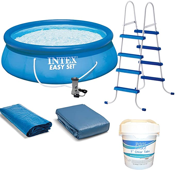 Intex 15' x 48" Inflatable Easy Set Above Ground Bundle with Pool Pump & Ladder and Pool Care 3 Inch Chlorine Tabs, 10 Pounds