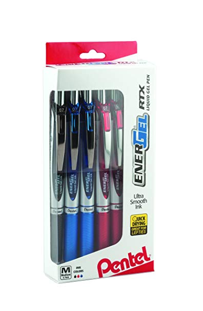 Pentel EnerGel RTX RT Liquid Gel Pen, Med, Metal Tip, 0.7mm, Assort Ink, 12-Pk Window Box of 12 (BL77PC12M1)