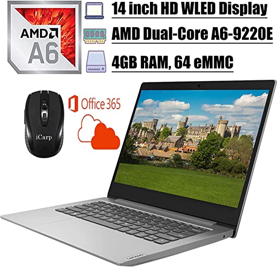 2020 Newest Lenovo IdeaPad 14 Laptop Computer 14 inch HD WLED Display AMD A6-9220e Processor 4GB DDR4 64GB eMMC Office 365 Personal WiFi HDMI Webcam Win10   iCarp Wireless Mouse