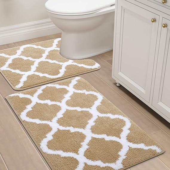 OLANLY Bathroom Rugs Set 2 Piece Microfiber Bath Shower Mat and U-Shaped Toilet Rug, Machine Wash Dry, Non Slip Absorbent Shaggy Bath Rug for Tub, Shower and Bathroom (24" x 16" 24" x 20", Beige)