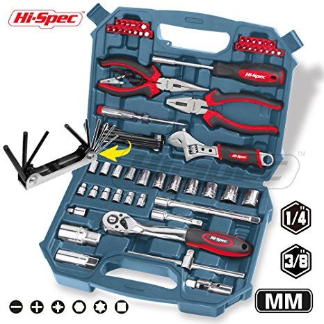 Hi-Spec 67pc Auto Mechanics Tool Kit including Professional 3/8" Quick Release Ratchet Handle with 72 Teeth, 4-19 mm Metric Sockets, Combination & Long Nose Pliers, Adjustable Wrench, Bit Driver with Most Popular Screwdriver Bits, Voltage Tester & Metric Hex Key Set in Compact Storage Box