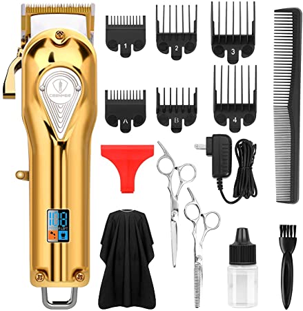 Hair Clippers Full Metal for Men LED Display Barber Clippers Cordless Clippers for men Rechargeable Hair Cutting Kit with 6 Guide Combs（Gold）
