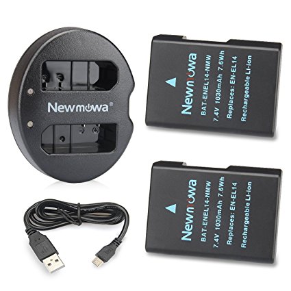 Newmowa EN-EL14 EN-EL14A Replacement Battery (2 Pack) and Dual USB Charger for Nikon EN-EL14, EN-EL14A and Nikon P7000, P7100, P7700, P7800, D3100, D3200, D3300, D3400, D5100, D5200, D5300, D5500 …