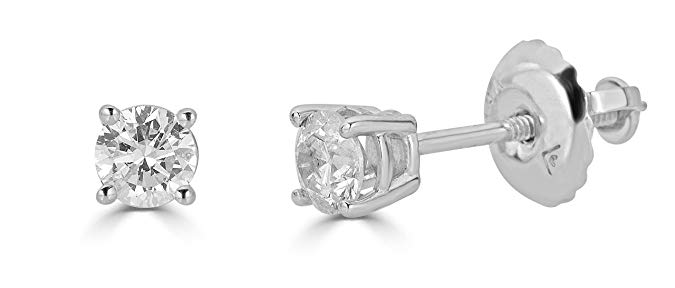 AGS Certified 14K Gold Round-Cut Diamond Stud Earring (1/4 - 2 cttw, K-L Color, I1-I2 Clarity)